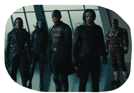 Personagens de Thunderbolts olhando para o alto durante uma cena de ação nas ruas da cidade.