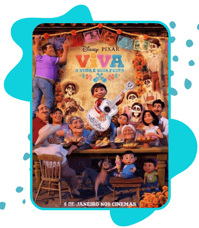 Pôster do filme Viva – A Vida É uma Festa, da Disney Pixar. Miguel, um menino, aparece ao centro segurando um violão, rodeado por membros da família — tanto vivos quanto esqueletos coloridos do Dia dos Mortos. A cena é decorada com flores de cempasúchil e bandeirolas festivas. No topo, o logo do filme em letras vibrantes e coloridas. Na parte inferior, a frase "4 de Janeiro nos Cinemas".