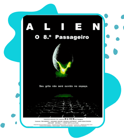 Pôster do filme Alien – O 8.º Passageiro. Fundo escuro com um ovo extraterrestre no centro, levemente aberto, emitindo uma luz verde-amarelada ameaçadora. Abaixo, uma superfície rachada e árida. O título "ALIEN" aparece em letras grandes no topo, seguido de "O 8.º Passageiro". Ao centro, o slogan icônico: "Seu grito não será ouvido no espaço." Na parte inferior, os créditos do filme em letras pequenas. Sonnet 4.6