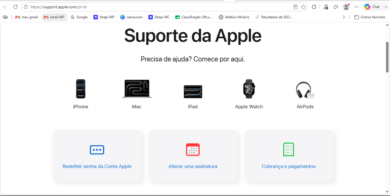 Captura de tela da página inicial do Suporte da Apple em português. No topo aparece o título "Suporte da Apple" e a mensagem "Precisa de ajuda? Comece por aqui.". Logo abaixo, há ícones para selecionar diferentes produtos, incluindo iPhone, Mac, iPad, Apple Watch e AirPods. Mais abaixo, a página apresenta três cartões de suporte com as opções "Redefinir senha da Conta Apple", "Alterar uma assinatura" e "Cobrança e pagamentos". A barra de endereço mostra o site support.apple.com/pt-br aberto no navegador Microsoft Edge.