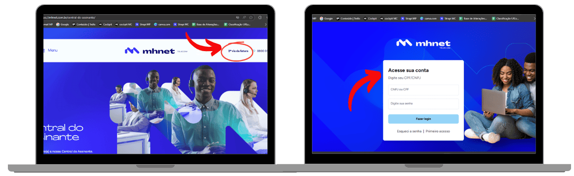 Duas telas de notebook mostrando o site da MHNET. Na primeira, a página inicial destaca no topo o link ‘2ª via da fatura’, indicado por uma seta vermelha. Na segunda tela, aparece a área de login da MHNET, também marcada por uma seta vermelha, com campos para inserir CPF/CNPJ e senha.