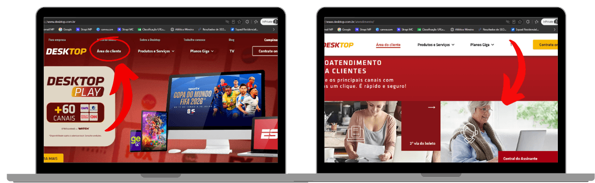 Montagem com duas capturas de tela do site da Desktop mostrando o caminho para acessar a Área do Cliente: primeiro, o botão "Área do cliente" no menu superior da página inicial e, em seguida, o botão "Central do Assinante" na página de atendimento.