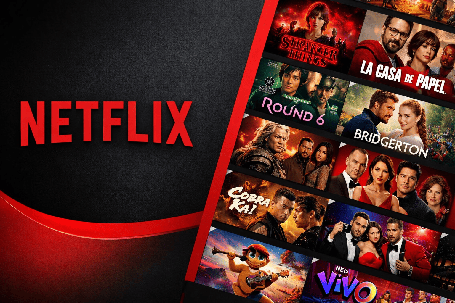 Logo da Netflix em destaque sobre fundo escuro, ao lado de um mosaico com imagens de séries e filmes populares da plataforma, como Stranger Things, La Casa de Papel, Round 6, Bridgerton e Cobra Kai.