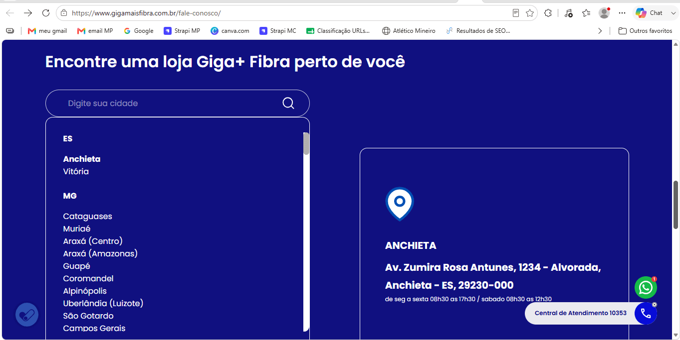 seção de encontre uma loja física do site oficial Giga+