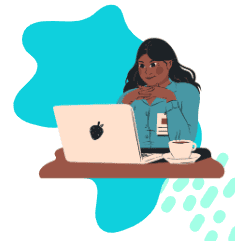 Ilustração de uma mulher trabalhando no notebook, sentada à mesa com uma xícara de café, em ambiente de home office.